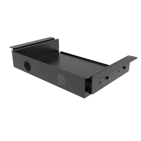 Level Up Your Desk Space With This Smooth Glide Under Desk Storage Shelf Featuring Built In Cable Management Tray, metal organizer, black, empty view.