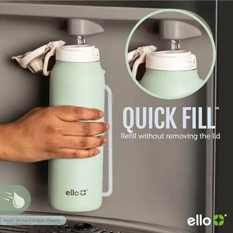 Pop And Fill 22oz Stainless Steel Water Bottle With Quick Fill Lid shown being filled in pistachio color