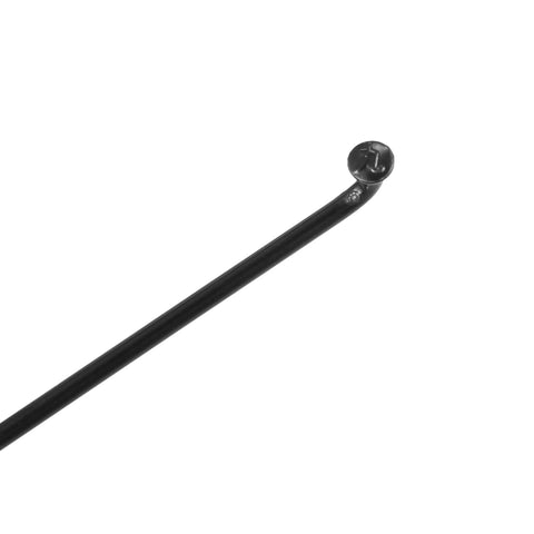 Close-up of a black bicycle spoke with nipple from the 36 Pcs Bicycle Spokes Set 14G 263mm Length With Nipples For Most Bikes Durable Replacement Kit.