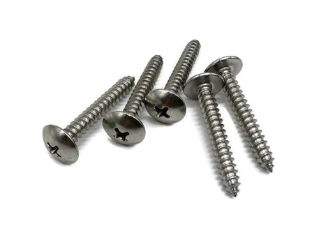 Six stainless steel #10 x 1-1/4 in truss head deck screws for marine exterior use