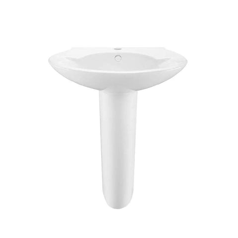 Front view of Plaisir Rounded Basin Pedestal Sink Built Tough With Scratch Resistant Ceramic Non Porous Construction One And Three Eighths Inch Faucet Hole Overflow Included Modern Bathroom Upgrade You Can Count On