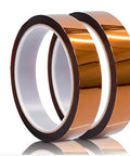 Two rolls of Workhorse Heat Resistant Kapton Tape for Masking, 20mm wide by 33m long, polyimide film with silicone adhesive, side view.