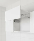 Smooth Operating Cabinet Lift Up Hinge With Hydraulic Buffer for quiet no squeak opening, aluminum construction, open cabinet view.