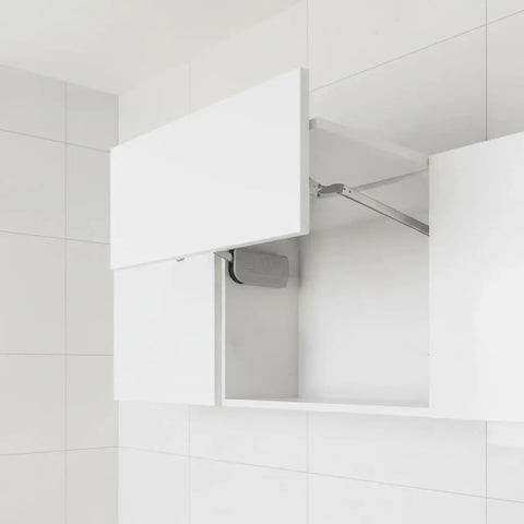 Smooth Operating Cabinet Lift Up Hinge With Hydraulic Buffer for quiet no squeak opening, aluminum construction, open cabinet view.