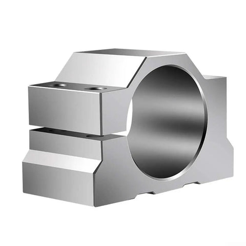 Heavy Duty CNC Motor Mount Bracket And Aluminum Spindle Clamp Fixture With Mounting Hardware For Router Milling Equipment Workshop, Ready To Install, Includes 4 M6 Screws, Precision Sandblasted Finish. Aluminum CNC spindle clamp bracket, side view, ready for router milling machine.