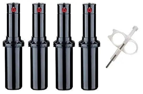 Full Circle Rotor Sprinkler Heads In A Heavy Duty Four Pack With Pre Installed Number Seven Nozzles And An Included Adjustment Tool.