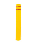 High Density Polyethylene Safety Bollard Covers Refresh Rusty Outposts With Zero Sweat Installation Plus Included Foam Pad For A Snug Setup Blocks Scratches On Pavement While Keeping The Area Looking Clean Without Any Extra Drama Year Round - Yellow safety bollard cover with red stripe.