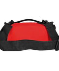 Sports first aid kit in a red roll-up bag with black adjustable strap.