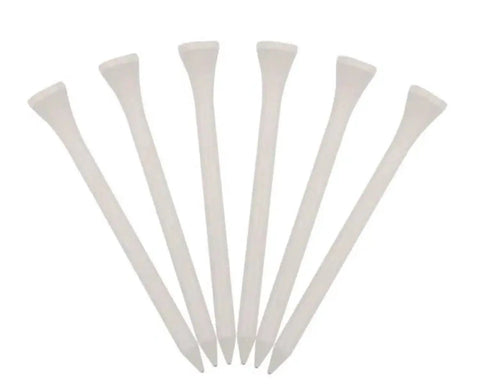 White Wooden Golf Tees 100 Pack 2 And 3 Quarter Inch Customizable Two Line Personalization Durable Bulk Golf Tees displayed on white background