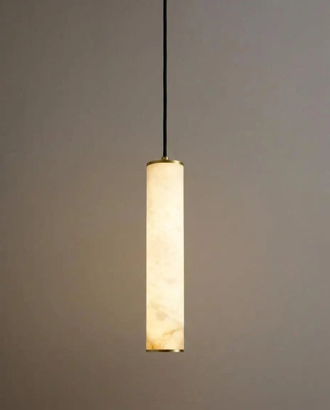 Omgomne Natural Spanish Alabaster Pendant Light 11.8 inch hanging with soft glow, showcasing brass top and unique alabaster texture.