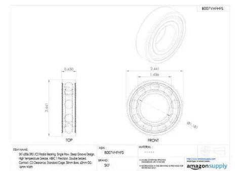 Technical drawing of 6206-2RS1 C2 Radial Ball Bearing, dimensions: 30mm bore, 62mm OD, 16mm width, ABEC 1, double sealed.