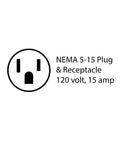 Illustration of NEMA 5-15 plug and receptacle with text "120 volt, 15 amp" for Next Gen Surge Protector with Built In Noise Filter.
