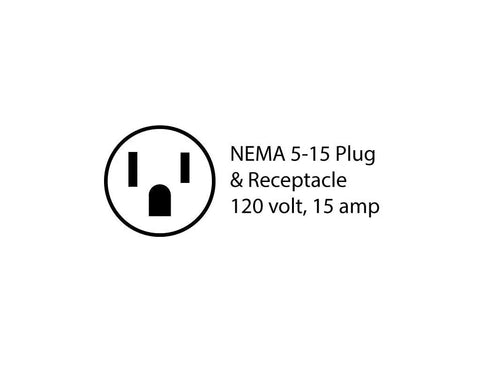 Illustration of NEMA 5-15 plug and receptacle with text "120 volt, 15 amp" for Next Gen Surge Protector with Built In Noise Filter.