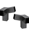 Front view of black All Weather Slanted Roof Pergola Bracket Kit For 4x4 Wood Posts Steel Wall Mounts For Porch Gazebo And Backyard Structures.