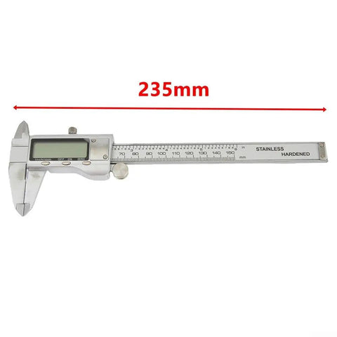 Digital Vernier Caliper 150mm Metric Inch Switch(without) shown from the side, stainless steel with digital display and measurement scale.