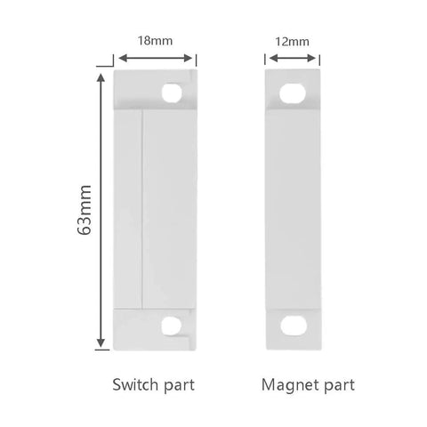 Dimensions of five pack surface mounted NC magnetic door contact sensors for alarm systems, showing switch and magnet parts.
