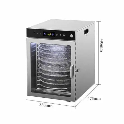 Heavy Duty 12 Tier Stainless Steel Food Dehydrator With Digital Timer And Precise Temperature Controls showing 12 stackable trays.