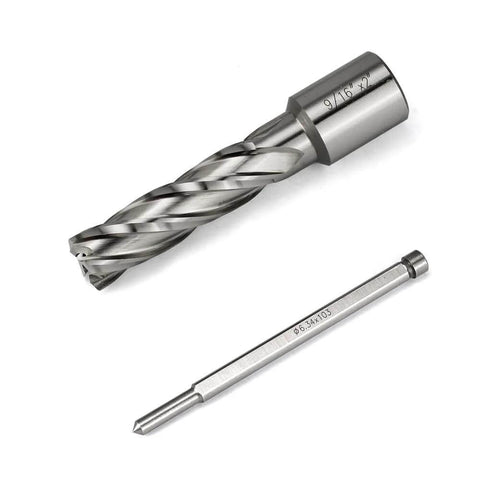 Front view: Annular cutter with 3/4 in Weldon shank; 9/16 in cut diameter, 2 in depth, HSS kit for magnetic drill press