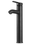 Maqulae Stainless Steel Basin Faucet, Black Tap with Bubbler (Tall) side view showcasing sleek black design and bubbler spout.