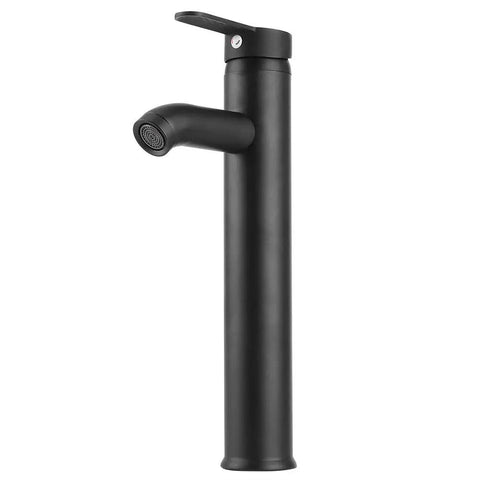 Maqulae Stainless Steel Basin Faucet, Black Tap with Bubbler (Tall) side view showcasing sleek black design and bubbler spout.