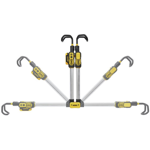 Cordless LED Hood Light For Auto Shop, 1700 Lumens, Extendable 51 To 74 Inches shown in multiple angles with hooks visible