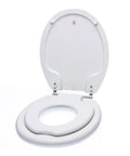Slick Soft Close Family Toilet Seat With Quick Release Hinges And Built In Toddler Potty Seat Straight Up Solid Construction White open view