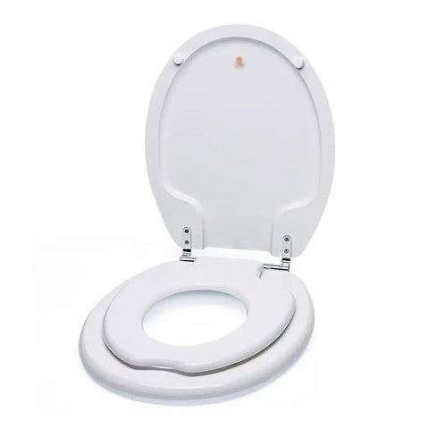 Slick Soft Close Family Toilet Seat With Quick Release Hinges And Built In Toddler Potty Seat Straight Up Solid Construction White open view