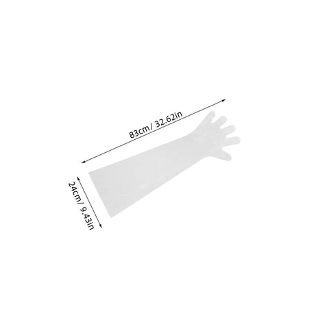 Didiseaon 150 Count Disposable Veterinary Long Sleeve Gloves With Extended Arm Length for animal handling, 83cm long, clear plastic.