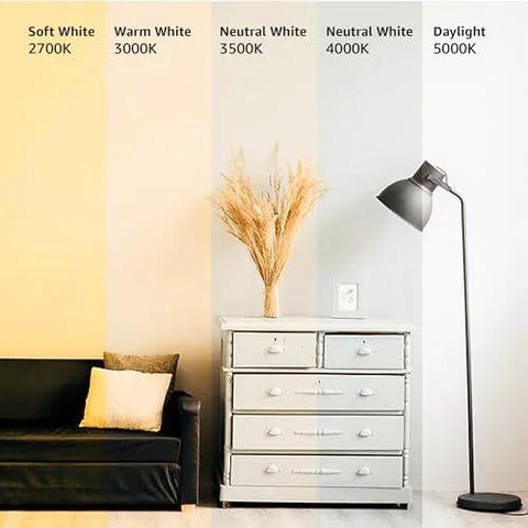 Comparison of 2700K Soft White, 3000K Warm White, 3500K Neutral White, 4000K Neutral White, 5000K Daylight light bulb effects in living room.