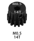 Close-up of 0.5M Pinion Gear Set 14T for 1 by 24 and 1 by 28 RC cars and trucks, 2mm shaft, hardened steel.