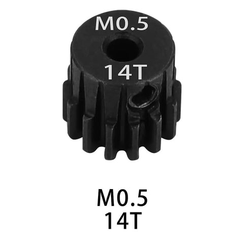 Close-up of 0.5M Pinion Gear Set 14T for 1 by 24 and 1 by 28 RC cars and trucks, 2mm shaft, hardened steel.