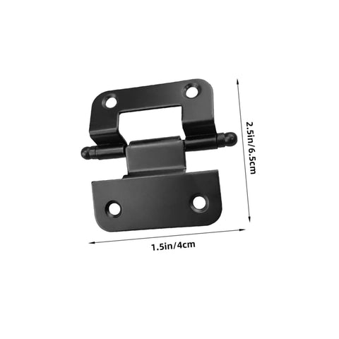 Close-up view of BAZEITFLOW black cabinet hinge, self-closing, flush-mount; 2.5in tall, 1.5in wide