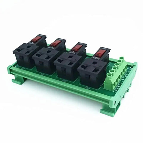 Din Rail Mount AC Power Strip With Four 120 Volt Grounded Receptacles, showcasing heavy duty electrical panel for garage setups.