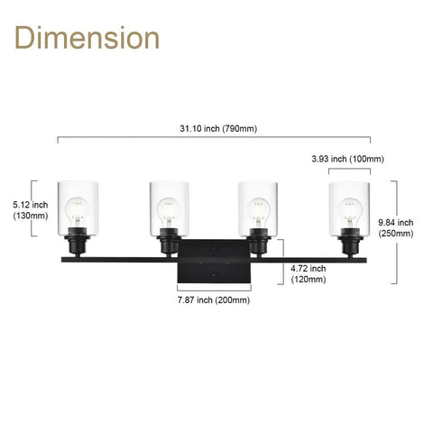 Dimensions of 4 Light Modern Bathroom Lighting Fixtures In Matte Black Finish With Clear Glass Shades for Vanity