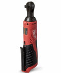 Heavy Duty M12 Three Eighth Drive Cordless Ratchet Battery Operated Power Tool Boasting Kickass Torque And Rock Solid Build Perfect For Greasy Garage Jobs And Red Finish Projects No Sweat, side view showcasing tool's design.