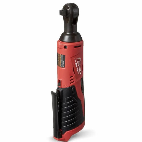 Heavy Duty M12 Three Eighth Drive Cordless Ratchet Battery Operated Power Tool Boasting Kickass Torque And Rock Solid Build Perfect For Greasy Garage Jobs And Red Finish Projects No Sweat, side view showcasing tool's design.