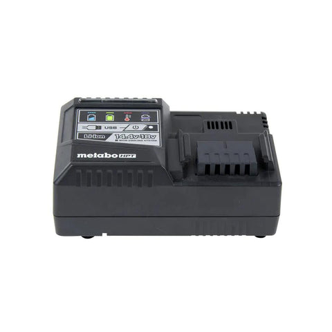 Front view of a black charger from the MultiVolt Battery And Charger Starter Kit For 36V And 18V Tools, compatible with Metabo HPT tools.