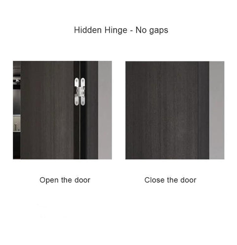 Heavy Duty 180 Degree Concealed Folding Door Hinge Built In Invisible Hidden Cross Gemel Stainless Steel 1 Piece No 1 Hinge For Cabinets And Interior Doors shown installed on wooden door, open and closed views.