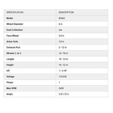 Specifications table for Killer 6 Inch Bench Grinder Featuring 1/3 HP Grit Grabbing Motor And 115/230 Volt Selection.