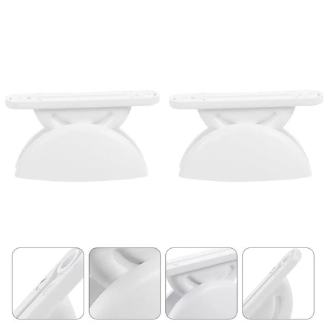 Premium 2 Pack White Rv Door Stop Retainer Tool For Motorhomes And Travel Trailers Holds Entrance Doors Securely In Place Prevents Slams While Camping Or Driving On The Road. Two white plastic door stops shown side by side.