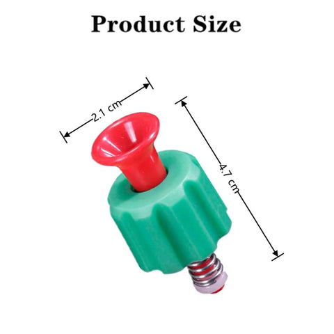 Front view: pressure relief valve, green plastic body with red actuator; 4.7 cm tall, 2.1 cm wide.