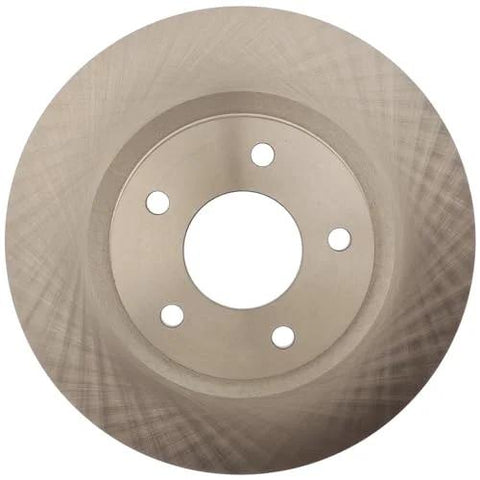 Front view of Raybestos R-Line front brake rotor, metal circular disc with central bore and five lug holes.