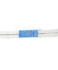 Close-up of the white polyester endless round sling with blue label, part of the 10 Pack White Polyester Endless Round Sling One Inch By Four And A Half Feet For Lifting And Recovery With 2200 Lbs Vertical Capacity And 4400 Lbs Basket Load Ideal For Wrecker Towing And Heavy Duty Cargo Handling.