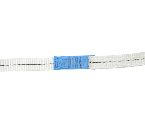 Close-up of the white polyester endless round sling with blue label, part of the 10 Pack White Polyester Endless Round Sling One Inch By Four And A Half Feet For Lifting And Recovery With 2200 Lbs Vertical Capacity And 4400 Lbs Basket Load Ideal For Wrecker Towing And Heavy Duty Cargo Handling.