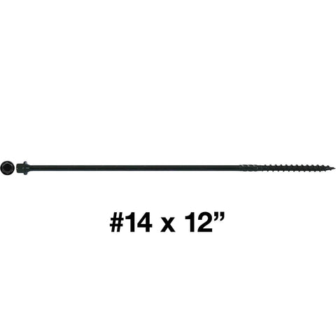 Side view of a Beefy Black Timber And Landscaping Wood Screws Size Fourteen By Twelve Inch Exterior Coated For Logs And Decking.