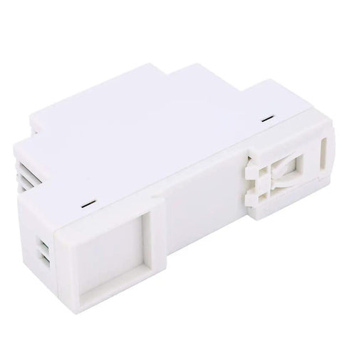 Single Output DR-15-12 DIN Rail Switching Power Supply For Industrial Control Equipment Rock Solid, Compact DIN Rail Mount PWM Modulation Low Ripple Flame Retardant Housing Heat Resistant Long Life Perfect For Control Cabinets. White compact DIN rail power supply housing, side view