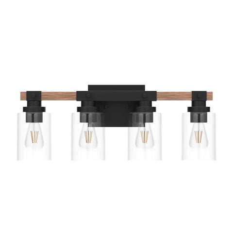 Farmhouse Vanity Lights For Bathroom, Rustic 4 Light Industrial Painted Wood Fixtures, Vintage Black Wall Sconces With Bubble Glass Shades, Cool Retro Vibe Bathroom Lighting With Warm Ambience