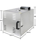 Top Shelf Heavy Duty Ten Layer Stainless Steel Electric Food Dehydrator With Digital Timer And Adjustable Trays, side view with dimensions.