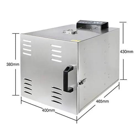 Top Shelf Heavy Duty Ten Layer Stainless Steel Electric Food Dehydrator With Digital Timer And Adjustable Trays, side view with dimensions.