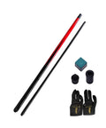 High Performance Carbon Fiber Pool Cue Featuring Half Breakable Uniloc Joint 12.9mm Low Deflection Shaft With Black Bakelite Tip For Killer Shot Making, red and black cues with accessories.